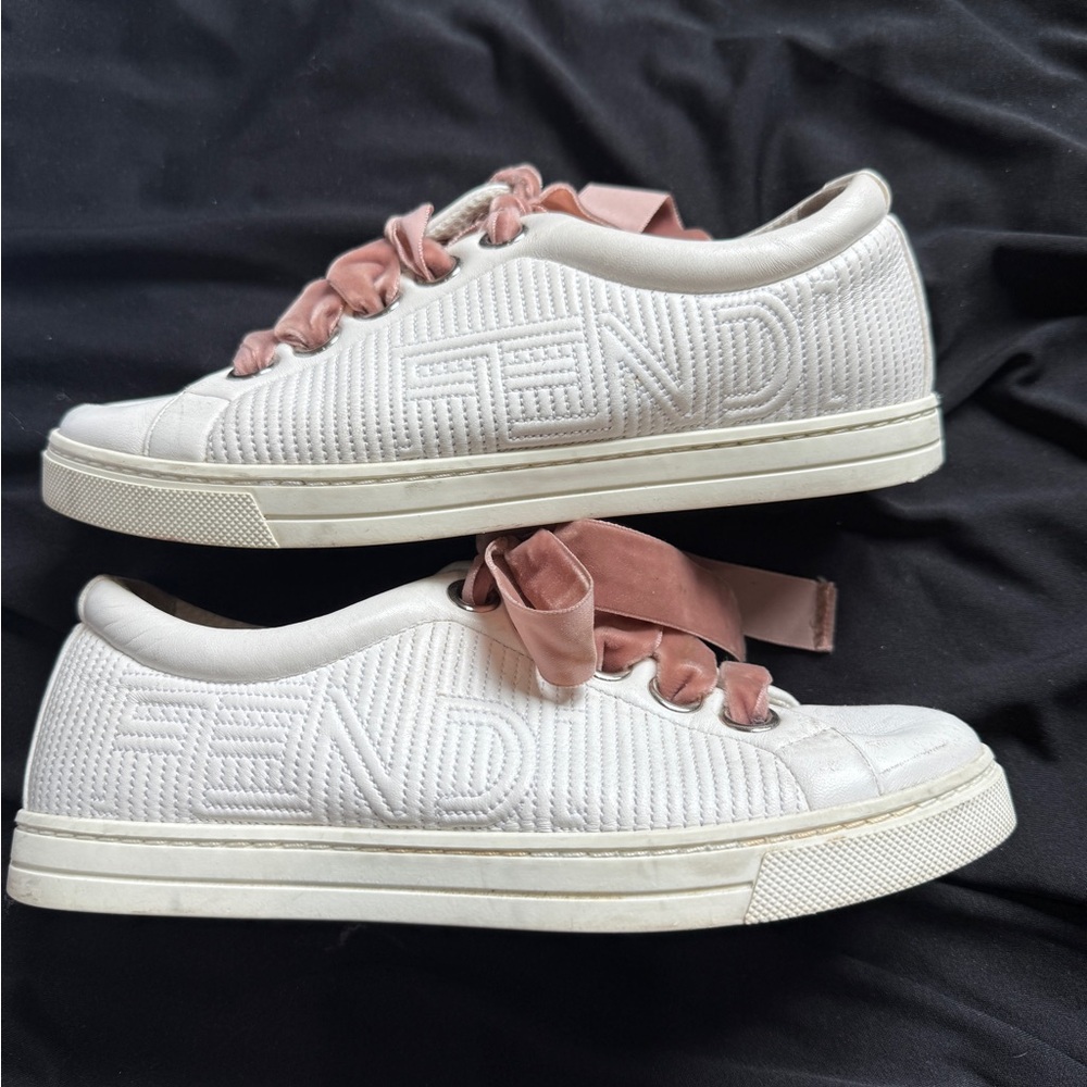 Fendi White Low-Top Sneakers with Blush Pink Satin Laces